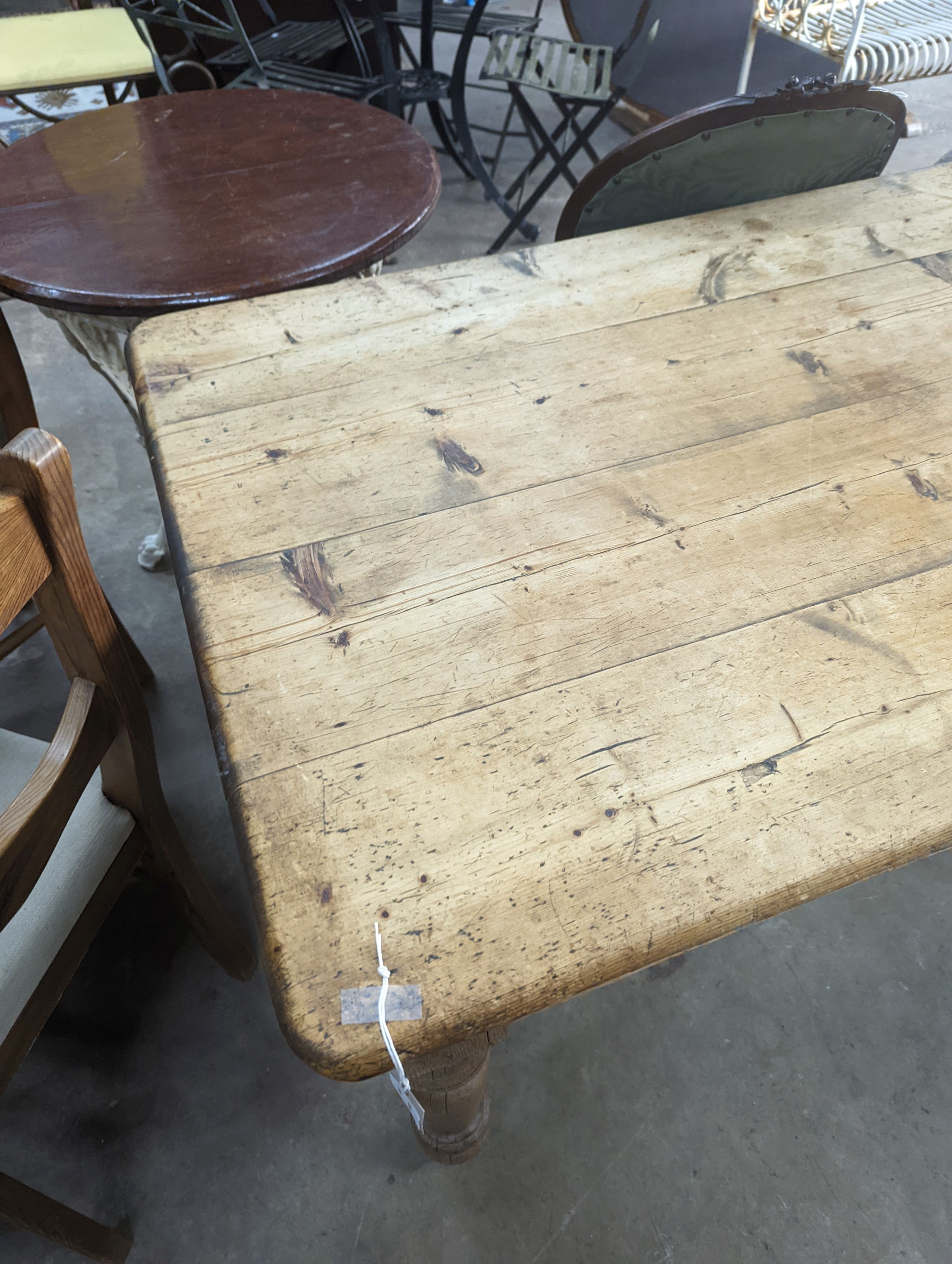 A Victorian pine kitchen table, fitted drawer, width 120cm, depth 86cm, height 74cm